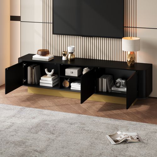 Meuble TV 170 X 40,5 X 47 Cm, Grand Rangement, 3 Portes, Mdf Et Panneau De Particules, Noir+doré