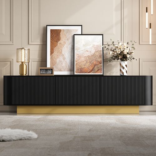 Meuble TV 170 X 40,5 X 47 Cm, Grand Rangement, 3 Portes, Mdf Et Panneau De Particules, Noir+doré