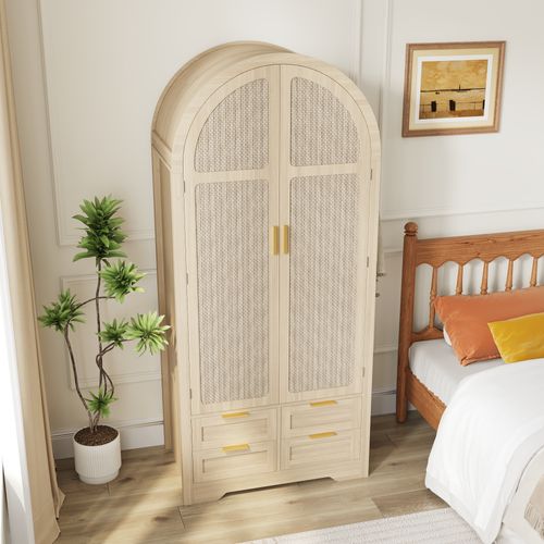 Armoire 80x50x179 Cm, 2 Portes Cintrées En Rotin, 4 Tiroirs, Penderie, Mdf, Couleur Bois Clair