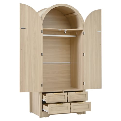 Armoire 80x50x179 Cm, 2 Portes Cintrées En Rotin, 4 Tiroirs, Penderie, Mdf, Couleur Bois Clair