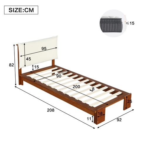 Lit Simple 90x200 Cm, Dossier Matelassé Avec Velcro, Pieds Larges, Bois Et Tissu, Brun+beige