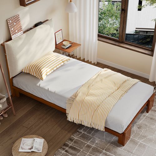 Lit Simple 90x200 Cm, Dossier Matelassé Avec Velcro, Pieds Larges, Bois Et Tissu, Brun+beige