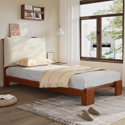 Lit Simple 90x200 Cm, Dossier Matelassé Avec Velcro, Pieds Larges, Bois Et Tissu, Brun+beige