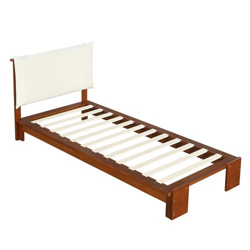 Lit Simple 90x200 Cm, Dossier Matelassé Avec Velcro, Pieds Larges, Bois Et Tissu, Brun+beige