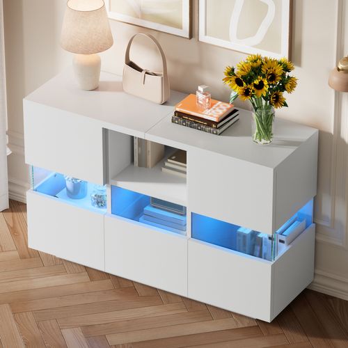Buffet Bas 140x35x75 Cm, LED, 2 Portes, 2 Tiroirs, 1 Niche, Verre, Bois, Couleur Blanc