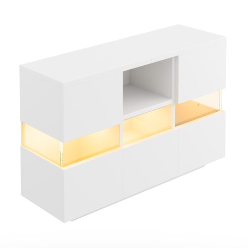 Buffet Bas 140x35x75 Cm, LED, 2 Portes, 2 Tiroirs, 1 Niche, Verre, Bois, Couleur Blanc