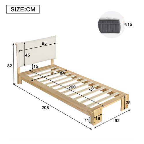Lit Simple 90x200 Cm, Dossier Matelassé, Lattes Robustes, Bois Et Tissu, Couleur Bois+beige
