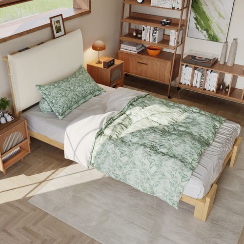 Lit Simple 90x200 Cm, Dossier Matelassé, Lattes Robustes, Bois Et Tissu, Couleur Bois+beige