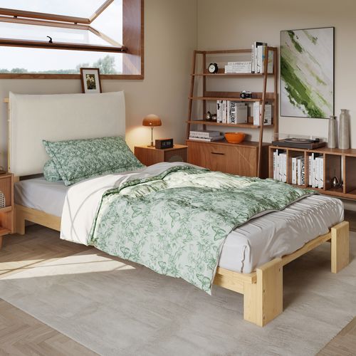 Lit Simple 90x200 Cm, Dossier Matelassé, Lattes Robustes, Bois Et Tissu, Couleur Bois+beige