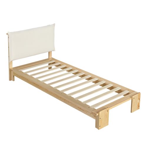 Lit Simple 90x200 Cm, Dossier Matelassé, Lattes Robustes, Bois Et Tissu, Couleur Bois+beige