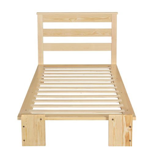 Lit Simple 90x200 Cm, Dossier Matelassé, Lattes Robustes, Bois Et Tissu, Couleur Bois+beige