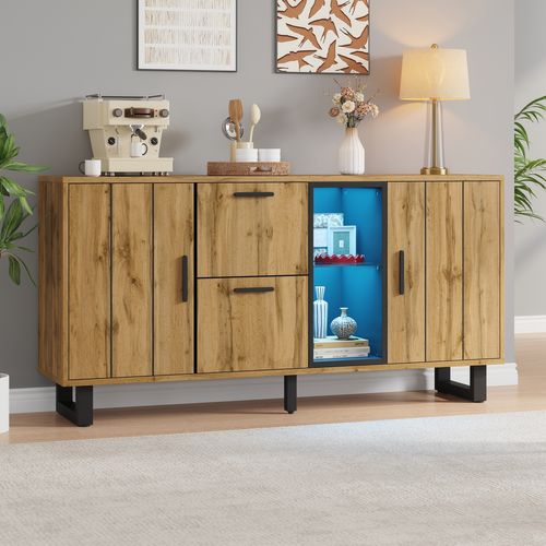 Buffet Bas 160x40x73 Cm, 2 Tiroirs, LED, 2 Portes, 2 Niches, Mdf, Verre Trempé, Couleur Bois+noir