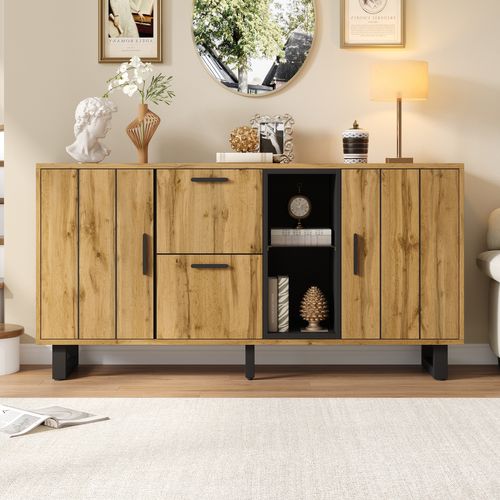 Buffet Bas 160x40x73 Cm, 2 Tiroirs, LED, 2 Portes, 2 Niches, Mdf, Verre Trempé, Couleur Bois+noir