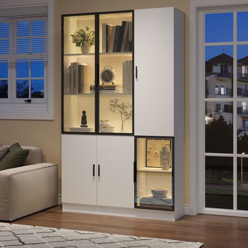 Vitrine 120x35x200 Cm, 3 Portes En Verre Avec LED, Mdf Et Panneaux De Particules, Blanc