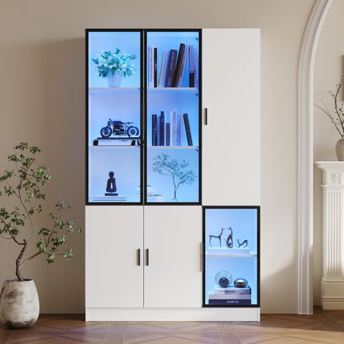 Vitrine 120x35x200 Cm, 3 Portes En Verre Avec LED, Mdf Et Panneaux De Particules, Blanc