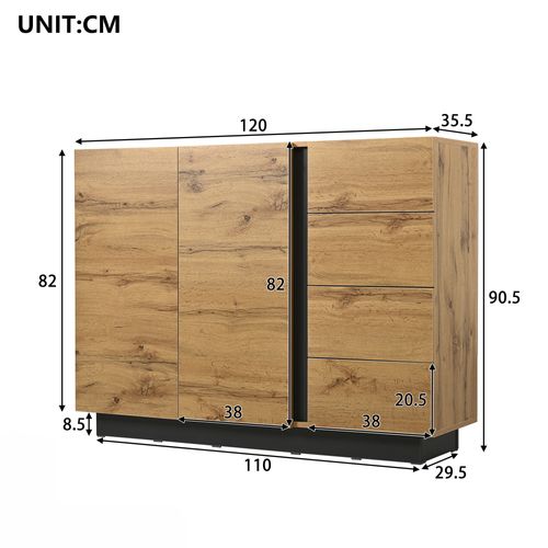 Buffet Bas 120x35.5x90.5 Cm, 4 Tiroirs, 2 Portes, Sans Poignée, Pb, Couleur Bois+noir