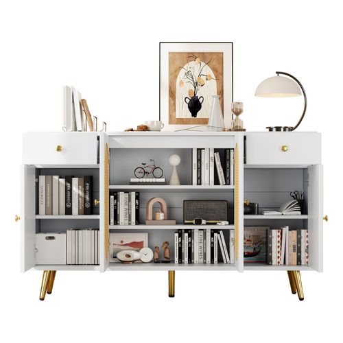 Buffet Bas 140x35x82 Cm, 4 Portes, 2 Tiroirs Poignées Dorées, Panneau De Particules, Blanc+doré