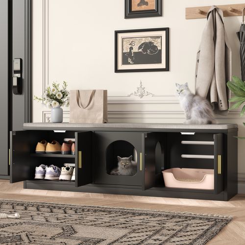 Buffet Avec Litiere Chat 140x40x45,5 Cm, 4 En 1 Rangement, Panneau De Particules, Noir
