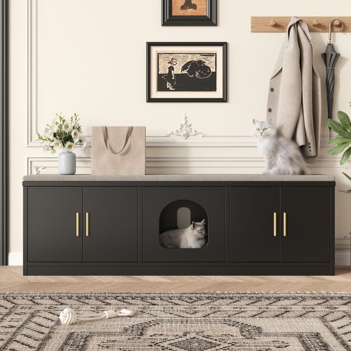 Buffet Avec Litiere Chat 140x40x45,5 Cm, 4 En 1 Rangement, Panneau De Particules, Noir