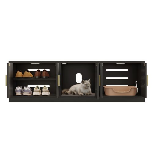 Buffet Avec Litiere Chat 140x40x45,5 Cm, 4 En 1 Rangement, Panneau De Particules, Noir