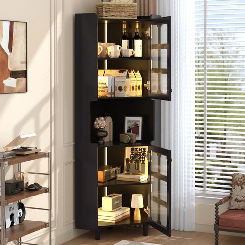 Vitrine D'angle 45x45x157.5 Cm, LED Pilotable, 3 Zones De Rangement, Mdf, Couleur Noire