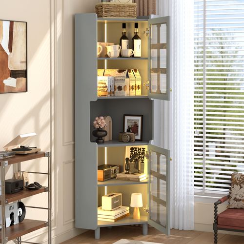 Vitrine D'angle 45x45x157.5 Cm, Éclairage LED Pilotable Par Application, Mdf, Couleur Grise