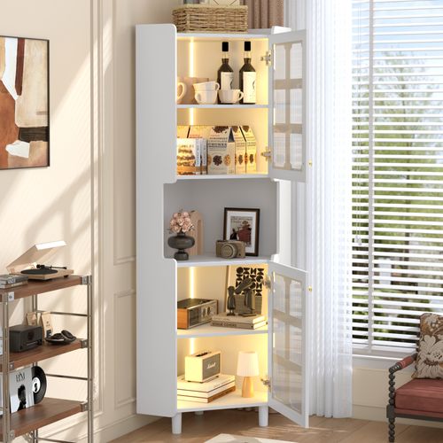 Vitrine D'angle 45x45x157.5 Cm, Éclairage LED Pilotable, 3 Zones De Rangement, 2 Portes, Mdf, Blanc