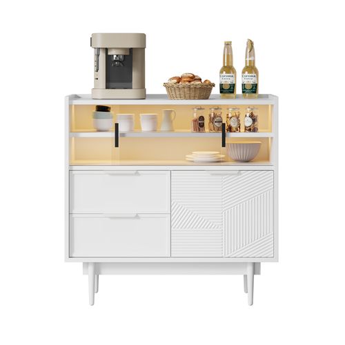 Buffet Bas De 80x35x80 Cm, 2 Portes Coulissantes En Verre, 2 Tiroirs, LED Réglable, Mdf, Blanc