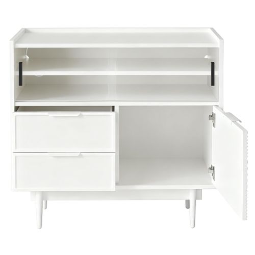 Buffet Bas De 80x35x80 Cm, 2 Portes Coulissantes En Verre, 2 Tiroirs, LED Réglable, Mdf, Blanc