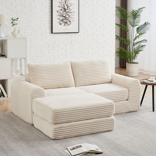 Canapé Compressé 194x169.5x74 Cm Ouvert, Modules Réversibles, Velours Côtelé, Beige