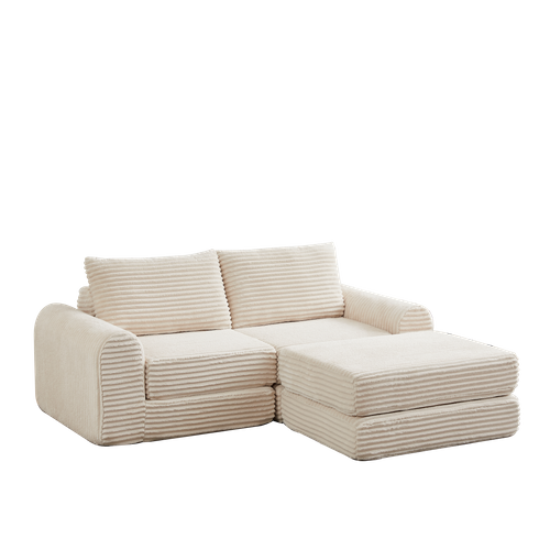 Canapé Compressé 194x169.5x74 Cm Ouvert, Modules Réversibles, Velours Côtelé, Beige