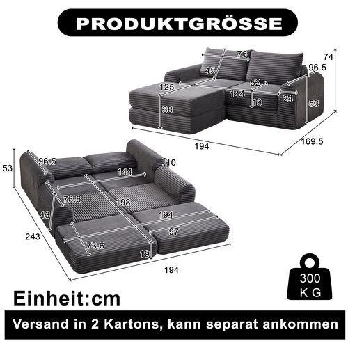 Canapé Compressé Accoudoir Courbé, Repose Pieds Amovible, Velours Côtelé, Mousse, Gris