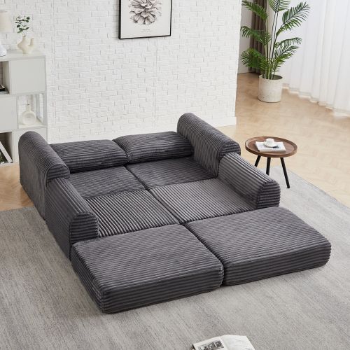 Canapé Compressé Accoudoir Courbé, Repose Pieds Amovible, Velours Côtelé, Mousse, Gris