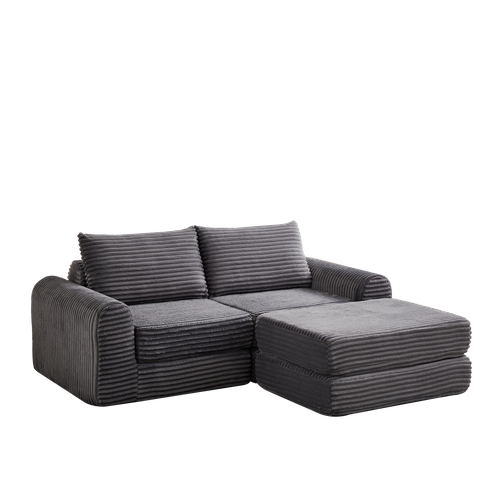 Canapé Compressé Accoudoir Courbé, Repose Pieds Amovible, Velours Côtelé, Mousse, Gris