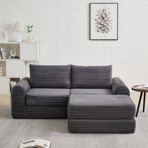 Canapé Compressé Accoudoir Courbé, Repose Pieds Amovible, Velours Côtelé, Mousse, Gris