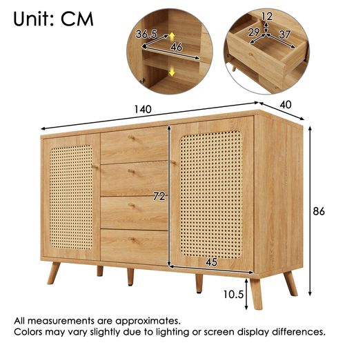 Buffet 140x40x86 Cm, 4 Tiroirs Et 2 Portes, Naturel, Éléments Rotin, Mdf, Couleur Bois