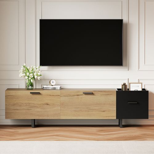 Meuble TV 180x38x47 Cm, Design Flottant, LED, Piètements Métalliques, Bois, Couleur Bois+noir