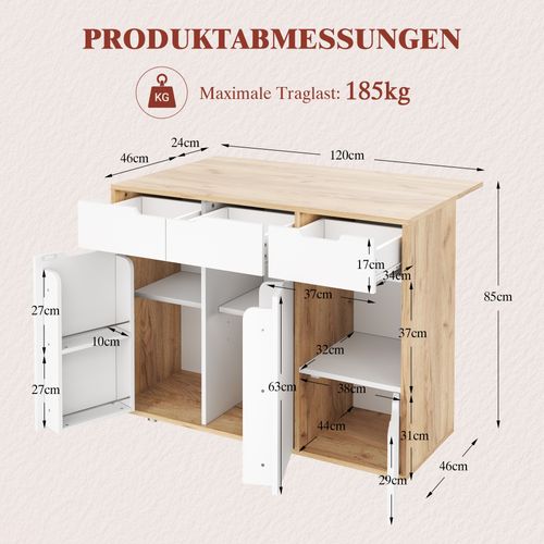 Îlot De Cuisine 120x46-70x85 Cm, Roulettes 360 Degrés, 3 Tiroirs Et 3 Portes, Bois, Blanc+bois