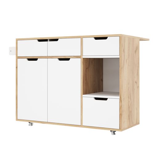 Îlot De Cuisine 120x46-70x85 Cm, Roulettes 360 Degrés, 3 Tiroirs Et 3 Portes, Bois, Blanc+bois