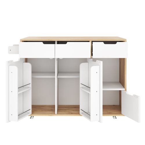 Îlot De Cuisine 120x46-70x85 Cm, Roulettes 360 Degrés, 3 Tiroirs Et 3 Portes, Bois, Blanc+bois