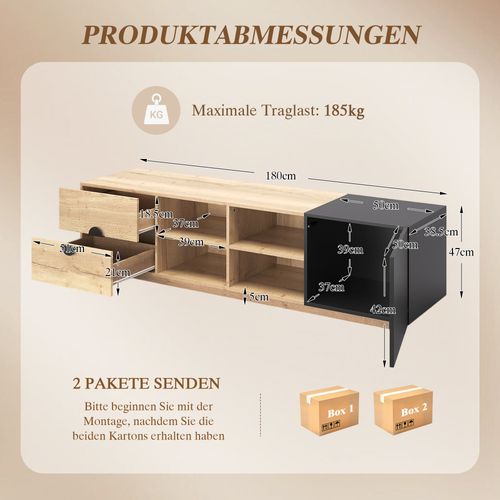 Meuble TV 180x38,5x47 Cm, LED, Rangement Multi-positions, 2 Tiroirs, Bois, Couleur Bois+noir