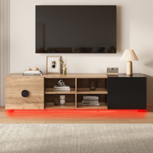 Meuble TV 180x38,5x47 Cm, LED, Rangement Multi-positions, 2 Tiroirs, Bois, Couleur Bois+noir