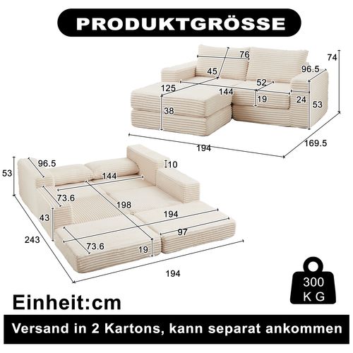 Canapé Compressé 194x169.5x74 Cm, Modulable Avec Repose Pieds, Mousse, Velours Côtelé, Beige