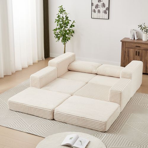 Canapé Compressé 194x169.5x74 Cm, Modulable Avec Repose Pieds, Mousse, Velours Côtelé, Beige