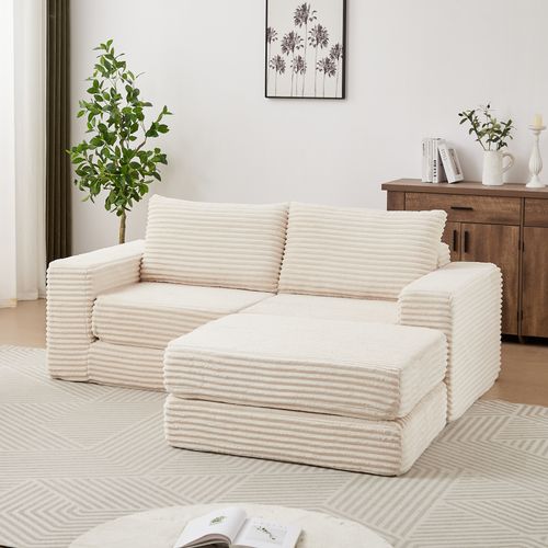 Canapé Compressé 194x169.5x74 Cm, Modulable Avec Repose Pieds, Mousse, Velours Côtelé, Beige