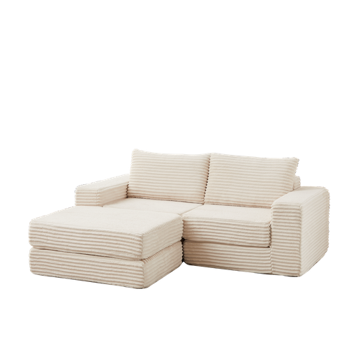 Canapé Compressé 194x169.5x74 Cm, Modulable Avec Repose Pieds, Mousse, Velours Côtelé, Beige