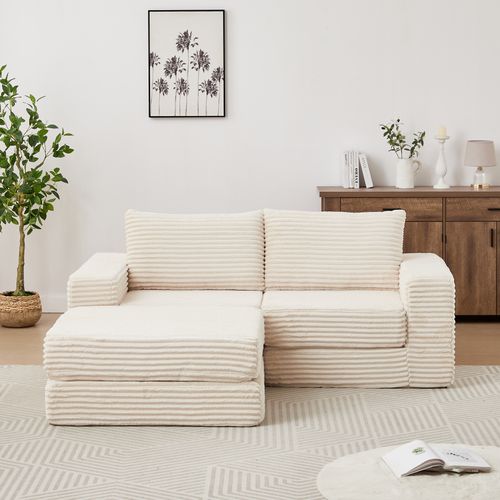 Canapé Compressé 194x169.5x74 Cm, Modulable Avec Repose Pieds, Mousse, Velours Côtelé, Beige