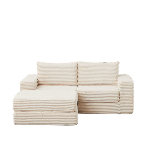 Canapé Compressé 194x169.5x74 Cm, Modulable Avec Repose Pieds, Mousse, Velours Côtelé, Beige