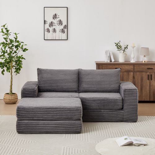 Canapé Compressé 2 Places 194x169.5x74 Cm, Modulable, Mousse, Tissu Velours Côtelé, Gris