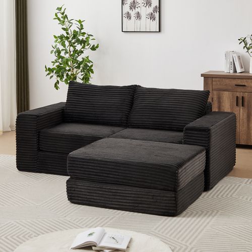 Canapé Compressé 194x169.5x74 Cm, 2 En 1, Tissu Velours Côtelé, Noir